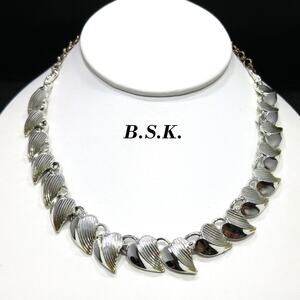 Vintage 1950s Signed Heart Leaves Choker Necklace, Rhodium Plated